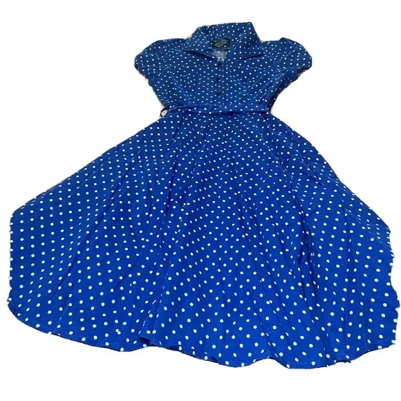 blue polka dot 50s dress Sky Blue 1950s Strap Polka Dot Swing Dress